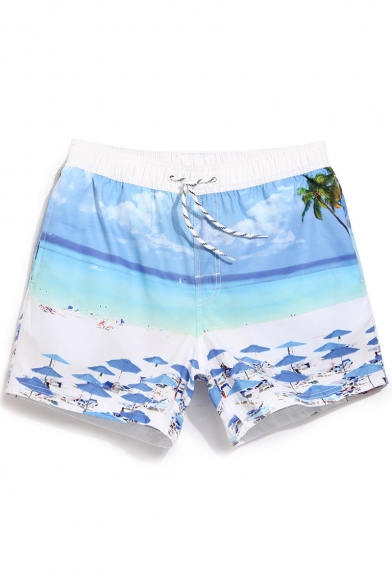 Cool White and Blue Elastic Sand Beach Printed Stretch Bathing Shorts Trunks for Men with Hook and Loop Pockets