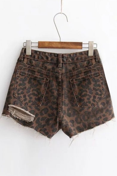 Cut Out Detail Leopard Printed Zipper Fly Hot Pants Denim Shorts