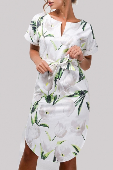 Elegant Floral Printed V Neck Short Sleeve Midi A-Line Dress