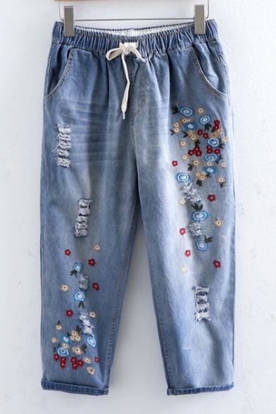 Fashionable Floral Embroidered Ripped Drawstring Waist Crop Jeans