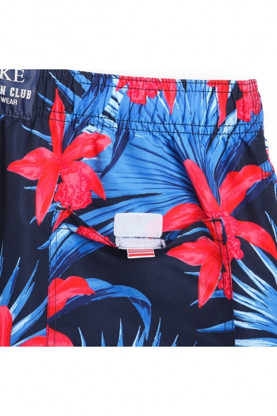 Fast Drying Male Navy Blue and Red Floral Print Swim Trunks with Mesh Lined Pockets
