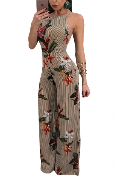 Floral Striped Printed Spaghetti Straps Sleeveless Wide Leg Jumpsuit