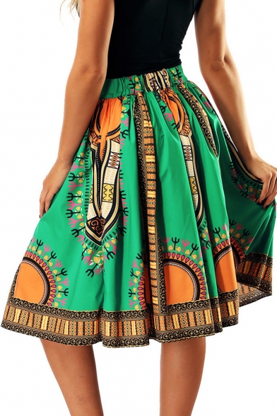 Folk Style Printed High Waist Midi A-Line Skirt