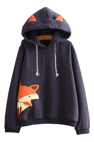 Fox Embroidered Applique Long Sleeve Hoodie - Beautifulhalo.com