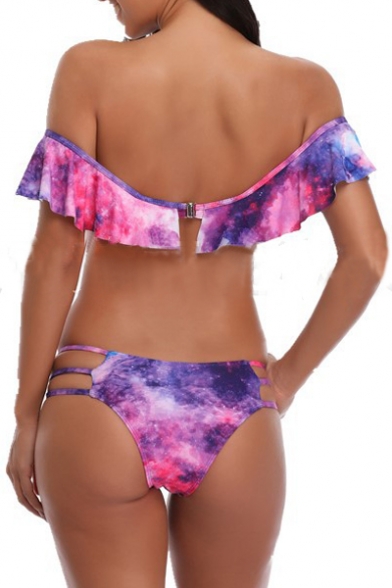 Galaxy Printed Off The Shoulder Short Sleeve Hollow Out Bottom Bikini