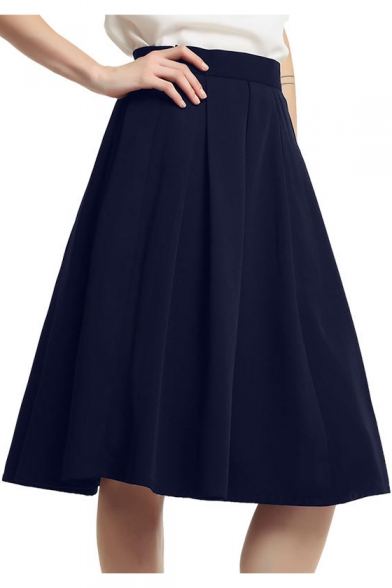 High Waist Plain Pleated Midi A-Line Skirt