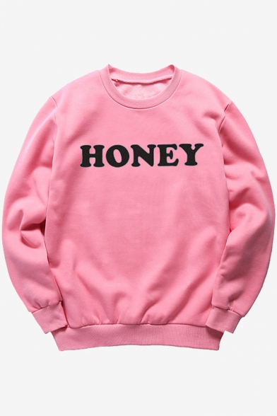 HONEY Letter Printed Round Neck Long Sleeve Sweatshirt