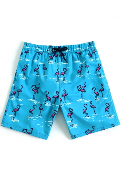 Mens Designer Blue Fast Drying Stretch Drawstring Flamingo Bathing Trunks with Liner