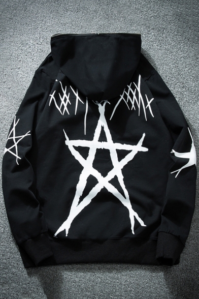 Pentagram Printed Long Sleeve Zipper Embellished Hoodie