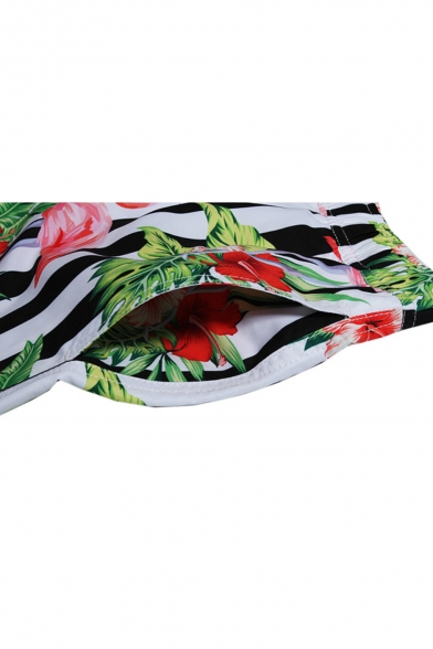 Quick Dry Floral Flamingo Mens Classic Black and White Striped Swimwear Shorts with Mesh Brief Lining