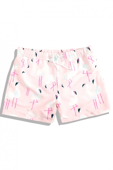 Quick Dry Mens Pink Stretch Flamingo Printed Bathing Shorts with Brief Lining