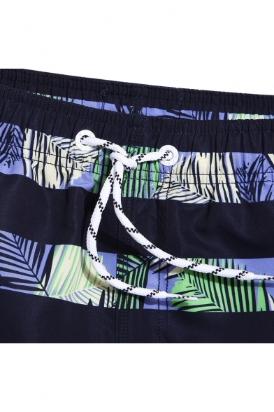 Retro Mens Black Striped Tropical Bathing Shorts with Hook and Loop Pockets