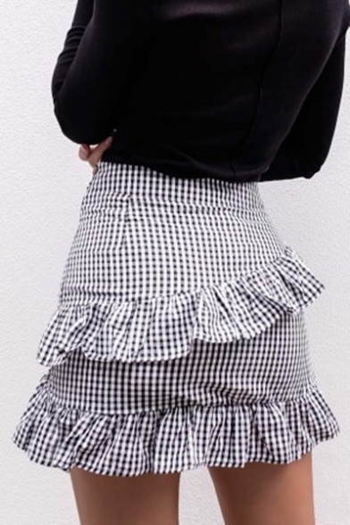 Ruffle Detail Plaid Printed Bow Tied Front Mini Asymmetric Skirt