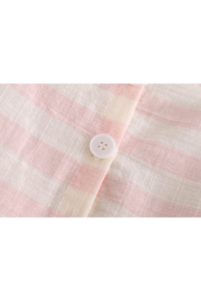 Square Neck Stripes Single Breasted Button Short Sleeve Frill Hem Blouse