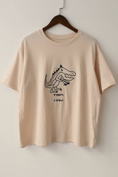 TINO Letter Dinosaur Embroidered Round Neck Short Sleeve Tee
