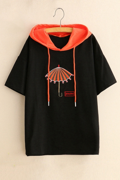 Umbrella Letter Embroidered Color Block Hood Short Sleeve Hooded Tee
