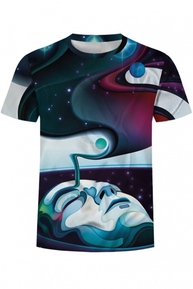 3D Abstract Character Planet Printed Round Neck Short Sleeve Tee