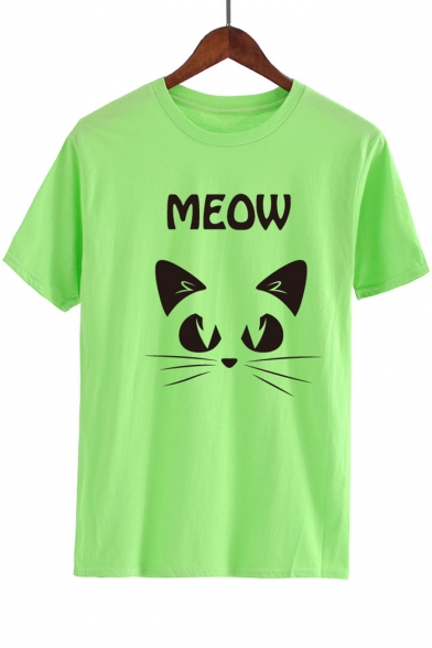 Cat MEOW Letter Printed Round Neck Short Sleeve Tee