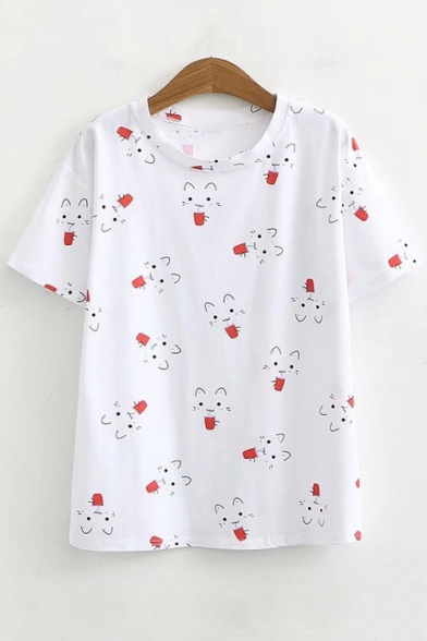 Cats Printed Round Neck Short Sleeve Leisure Tee