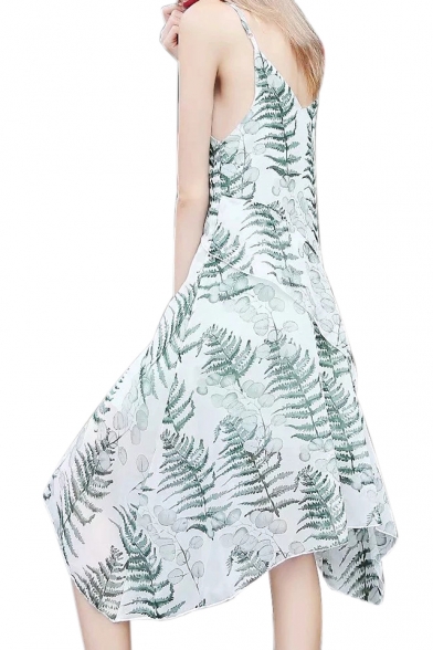 Chic Leaf Printed Spaghetti Straps Sleeveless Midi Asymmetric Hem Dress