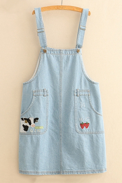 Cow Strawberry Japanese Embroidered Straps Sleeveless Mini Overall Denim Dress