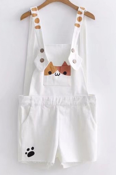 Cute Cat Printed Pocket Straps Sleeveless Loose Overall Romper