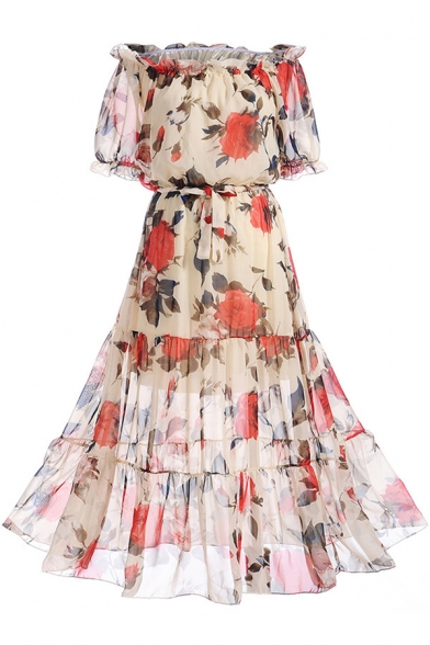 Elegant Floral Printed Off The Shoulder Short Sleeve Maxi A-Line Dress
