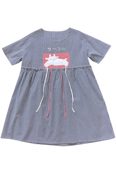 Lovely Animal Applique Japanese Printed Round Neck Short Sleeve Plaid Mini Smock Dress