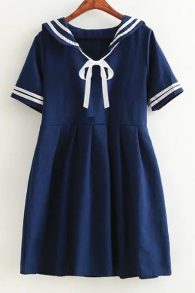 Navy Collar Contrast Striped Bow Embellished Short Sleeve Mini A-Line Dress