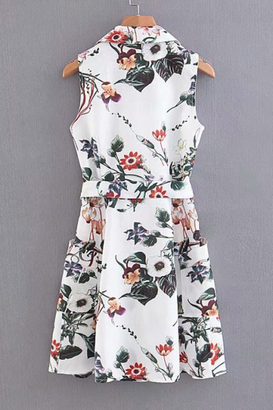 Notched Lapel Collar Sleeveless Floral Printed Tied Waist Midi A-Line Dress