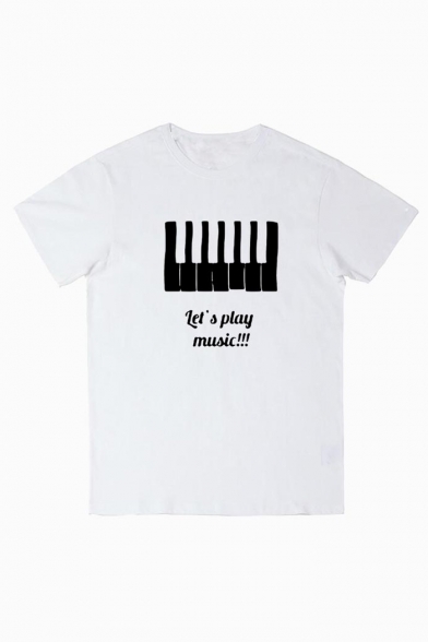 Piano Letter Printed Round Neck Short Sleeve Tee