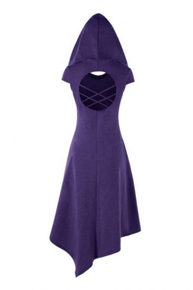 Plain Hollow Out Back Short Sleeve Midi Asymmetric Hooded Dress