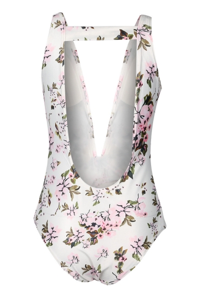 Plunge Neck Floral Printed Sleeveless Hollow Out Back One Piece Swimwear