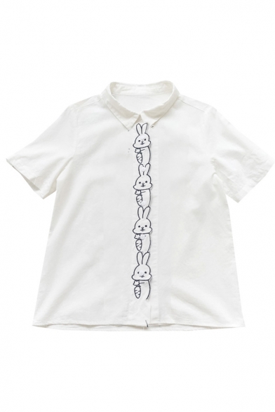 Rabbit Embroidered Placket Lapel Collar Short Sleeve Buttons Down Shirt