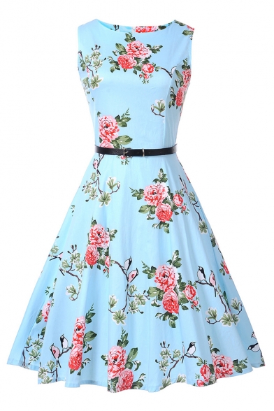 Retro Floral Printed Round Neck Sleeveless Midi A-Line Dress