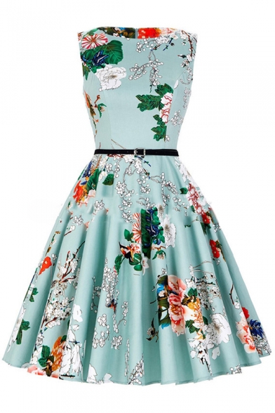 Retro Floral Printed Round Neck Sleeveless Midi A-Line Dress