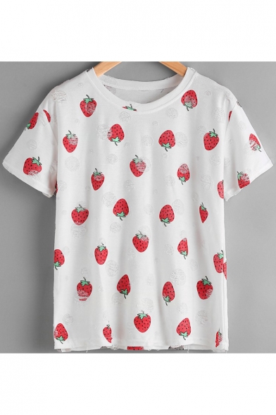 

Strawberry Printed Ripped Detail Round Neck Short Sleeve Leisure Tee