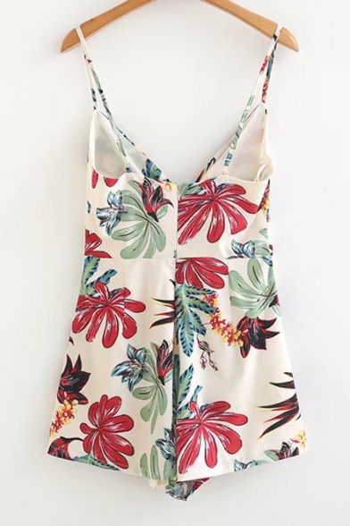 Tied Front Floral Printed Spaghetti Straps Sleeveless Loose Romper
