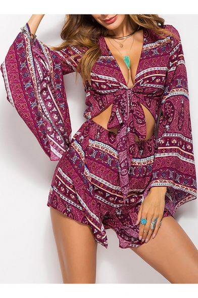 Tribal Printed V Neck Tied Front Long Sleeve Loose Romper