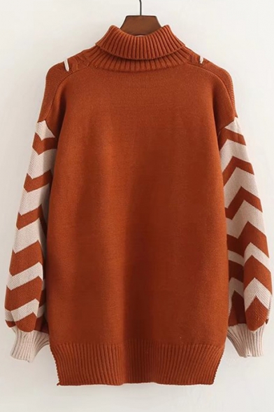 Turtleneck Color Block Long Sleeve Bow Embellished Sweater