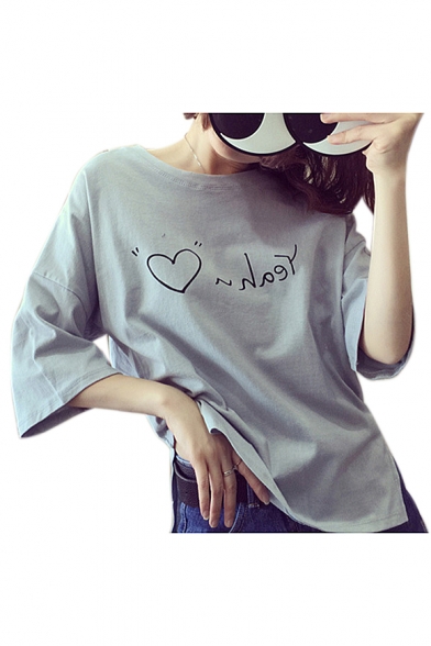 YEAH Letter Heart Printed Round Neck Short Sleeve Tee