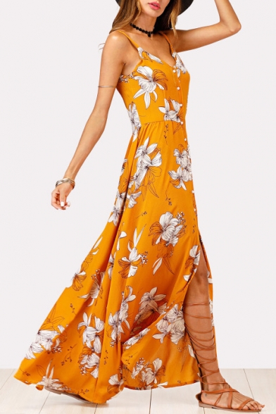 Buttons Down Floral Printed Spaghetti Straps Sleeveless Maxi A-Line Dress