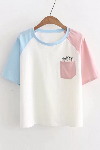 Color Block Letter Printed Round Neck Short Sleeve Tee with Pocket