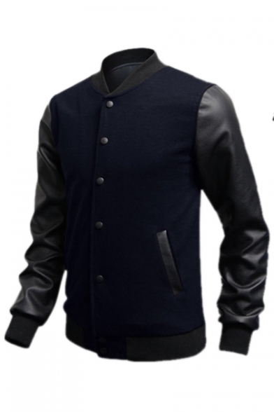 Color Block PU Patchwork Single Breasted Stand Up Collar Baseball Jacket