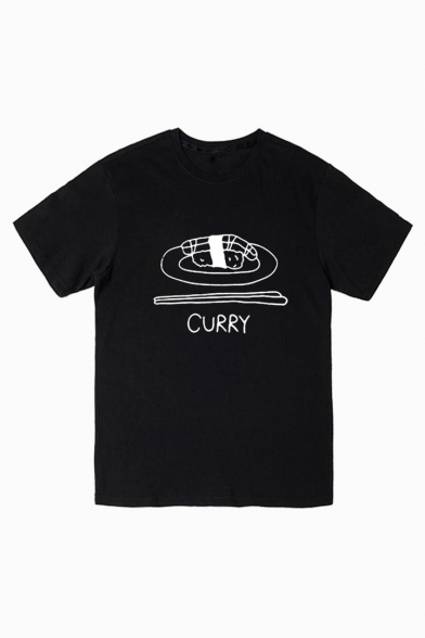 CURRY Letter Food Printed Round Neck Short Sleeve Tee