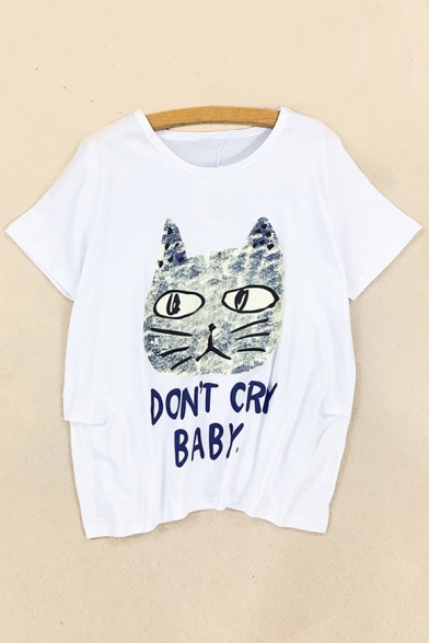 DON'T CRY BABY Letter Cat Printed Round Neck Short Sleeve Tee