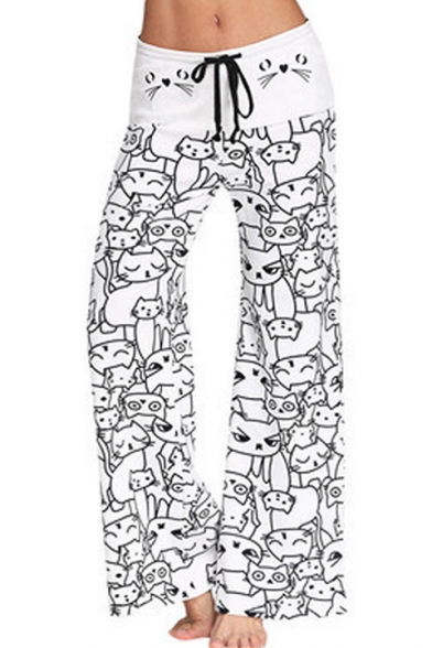 

Drawstring Waist Cartoon Cat Printed Loose Pants, LC473794, Black;white