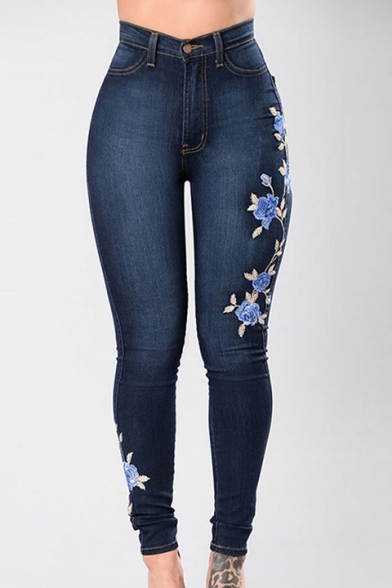Skinny Floral Embroidered Zipper Fly High Waist Jeans