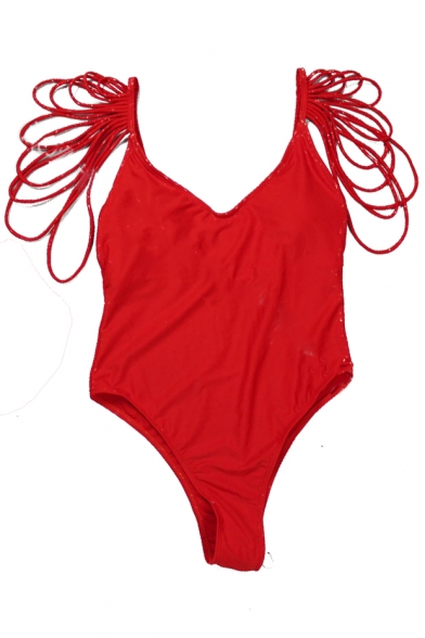 Tassel Straps Embellished Spaghetti Straps Sleeveless Plain One Piece Swimwear