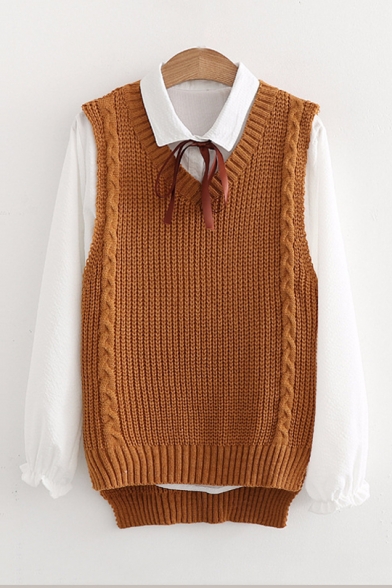 Two Pieces V Neck Sleeveless Vest Sweater with Lapel Collar Long Sleeve Buttons Down Plain Shirt